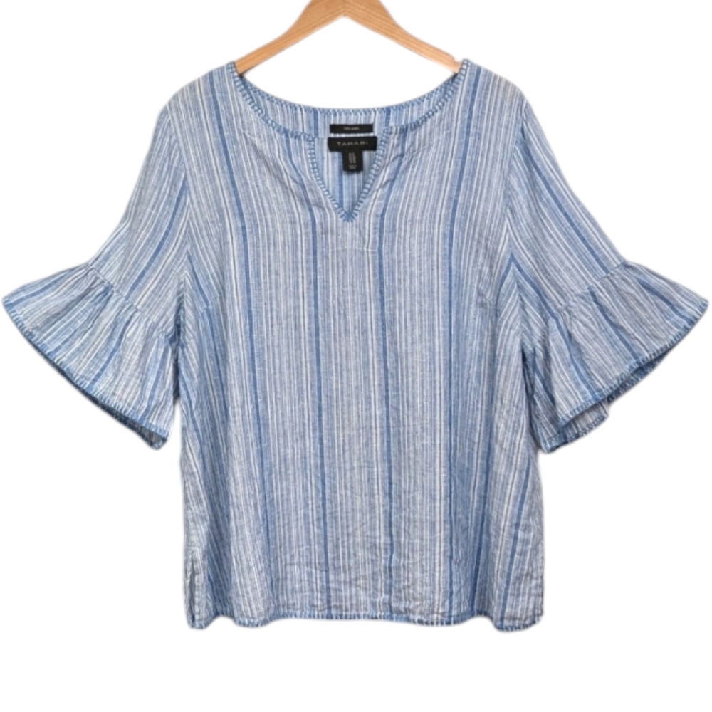 Tahari Linen Peasant Top Bell Sleeve Striped Notched Neck Lagenlook Beachy 1X